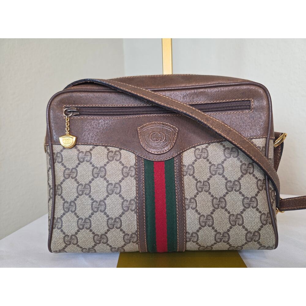 Gucci Vintage GG Canvas Web Crossbody Bag Brown Leather Camera Bag Ophidia
